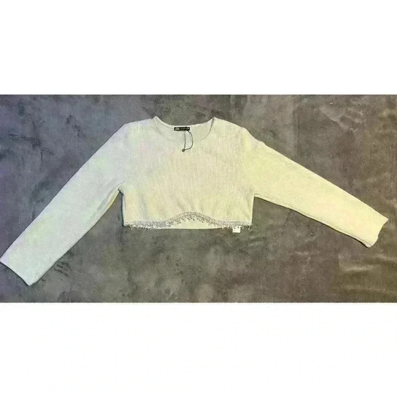 ZARA Beige SOFT JEWEL SWEATSHIRT RHINESTONES FRINGE CROP KNIT Top Sz Med - Picture 1 of 9